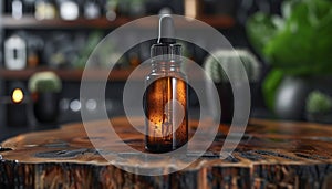 A brown dropper bottle with condensation on a rustic wooden surface, against a blurred background with green plants