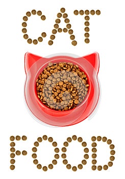 Brown dry cat or dog food in red bowl isolated on white backgrou