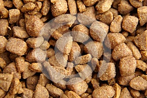 Brown dry food for dogs and cats. Pet meal background