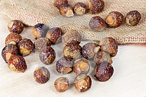 Brown dry soap nuts Soapberries, Sapindus Mukorossi for organic laundry and gentle natural skin care on light background.