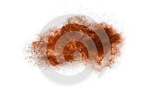 Brown dust cloud.Brown particles splattered on white background