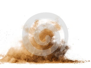 Brown dust cloud exploding on a white background with fine particles explosion dirt
