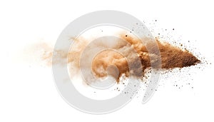 Brown dust exploding in the mid-air isolated on white background