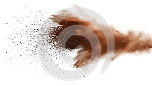 Brown dust exploding in the mid-air isolated on white background