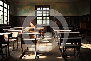 Brown dusty desks on wooden floor, retro walls vintage classroom interior image. Generative ai
