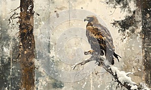 A brown eagle is perched on a tree branch