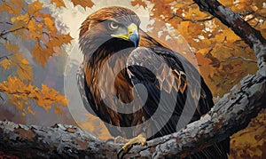 A brown eagle is perched on a tree branch