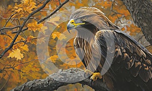 A brown eagle is perched on a tree branch