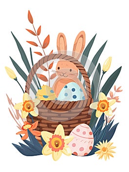 Brown Easter bunny in the basket with dotted eggs isolated on white background. Flat illustration