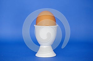 A brown egg in a white egg cup on a blue background