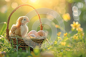 Brown eggs in basket and chicken on spring field with green grass. Fresh eggs from traditional poultry farm