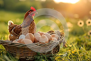 Brown eggs in basket and chicken on spring field with green grass. Fresh eggs from traditional poultry farm