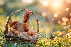 Brown eggs in basket and chicken on spring field with green grass. Fresh eggs from traditional poultry farm