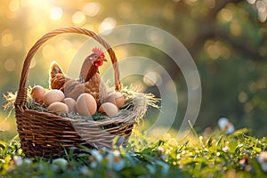 Brown eggs in basket and chicken on spring field with green grass. Fresh eggs from traditional poultry farm