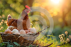 Brown eggs in basket and chicken on spring field with green grass. Fresh eggs from traditional poultry farm