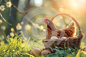 Brown eggs in basket and chicken on spring field with green grass. Fresh eggs from traditional poultry farm