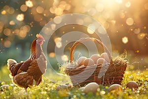 Brown eggs in basket and chicken on spring field with green grass. Fresh eggs from traditional poultry farm