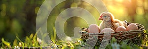 Brown eggs in basket and chicken on spring field with green grass. Fresh eggs from traditional poultry farm