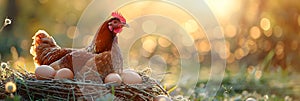 Brown eggs in basket and chicken on spring field with green grass. Fresh eggs from traditional poultry farm