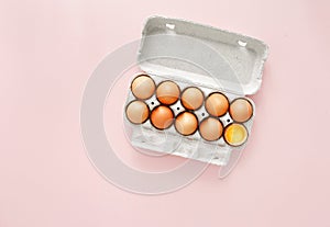 Brown eggs cardboard box pink background top view flat lay