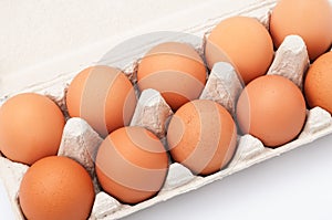 Brown eggs in egg box. Closeup