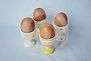 Brown eggs in pastel colored eggs cups