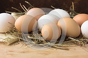 Brown eggs on wooden table. Chicken Egg. Hen eggs basket