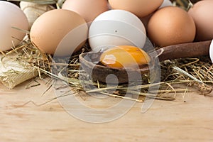 Brown eggs on wooden table. Chicken Egg. Hen eggs basket