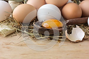 Brown eggs on wooden table. Chicken Egg. Hen eggs basket