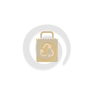 Brown empty grocery paper bag with reuse sign. flat icon isolated on white