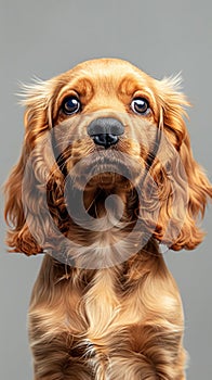 A brown English Cocker Spaniel dog sitting down, revealing its striking blue eyes