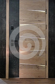 Brown entrance doors with linear lighting