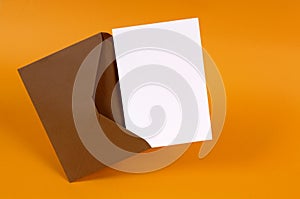 Brown envelope with blank letter or note card, white copy space