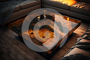 Brown epoxy resin coffee table. Generative AI
