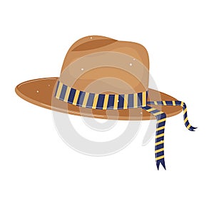 Brown explorer hat with striped ribbon. Vintage adventure gear flat design. Vector illustration of travel accessory