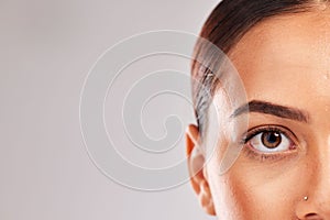 Brown eye, woman and face vision in retina security, facial eyelash mascara or makeup cosmetics on skin. Zoom detail photo