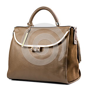 Brown female leather handbag isolated on white background.