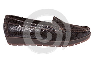 Brown female shoes made of reptile skin, low-soled with a protector, on a white background