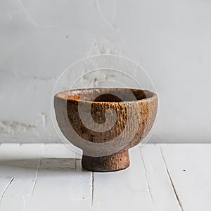 Brown fibrous cup with semi circular opening exudes rustic charm on white backdrop