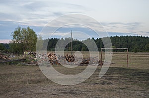 Brown field with trees far away. Dark blue sky and grass. Fall