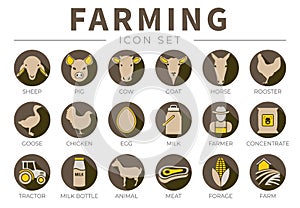 Brown Flat Farming Icon Set of Sheep, Pig, Cow, Goat, Horse, Rooster, Goose, Chicken, Egg, Milk, Farmer, Concentrate, Tractor,