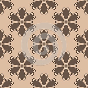 Brown floral ornament on beige background. Seamless pattern