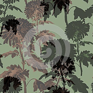 Brown flowers and stems floral seamless pattern on calm green.