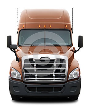 Brown Freightliner Cascadia truck with black plastic bumper.