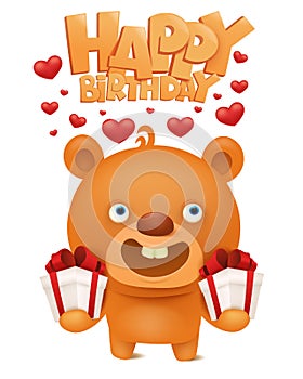 Brown funny emoji teddy bear with gift box. Happy birthday invitation card