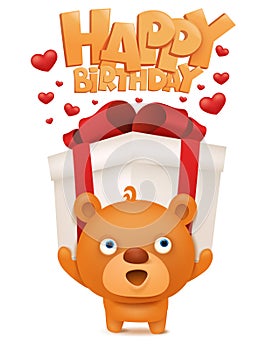 Brown funny emoji teddy bear with gift box. Happy birthday invitation card