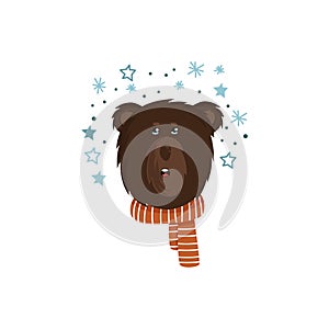 Brown Furry Bear Head Showing Facial Expression of Sadness Vector Illustration