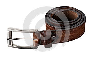 Brown genuine leather belt with classic metal buckle isolated on a white background. Men`s stylish leather accessories