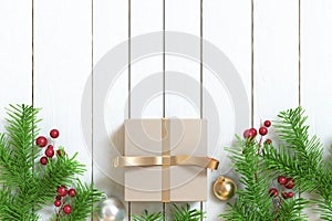 Brown gift box gold ribbon ball tree-leaf christmas background wood floor