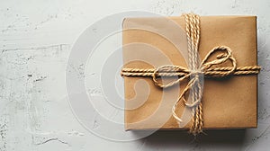 A brown gift wrapped in twine on a white background